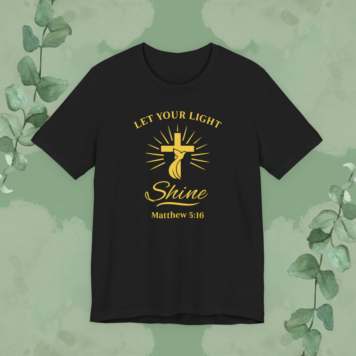 Black Christian T-shirt with “Let Your Light Shine” Matthew 5:16 design
