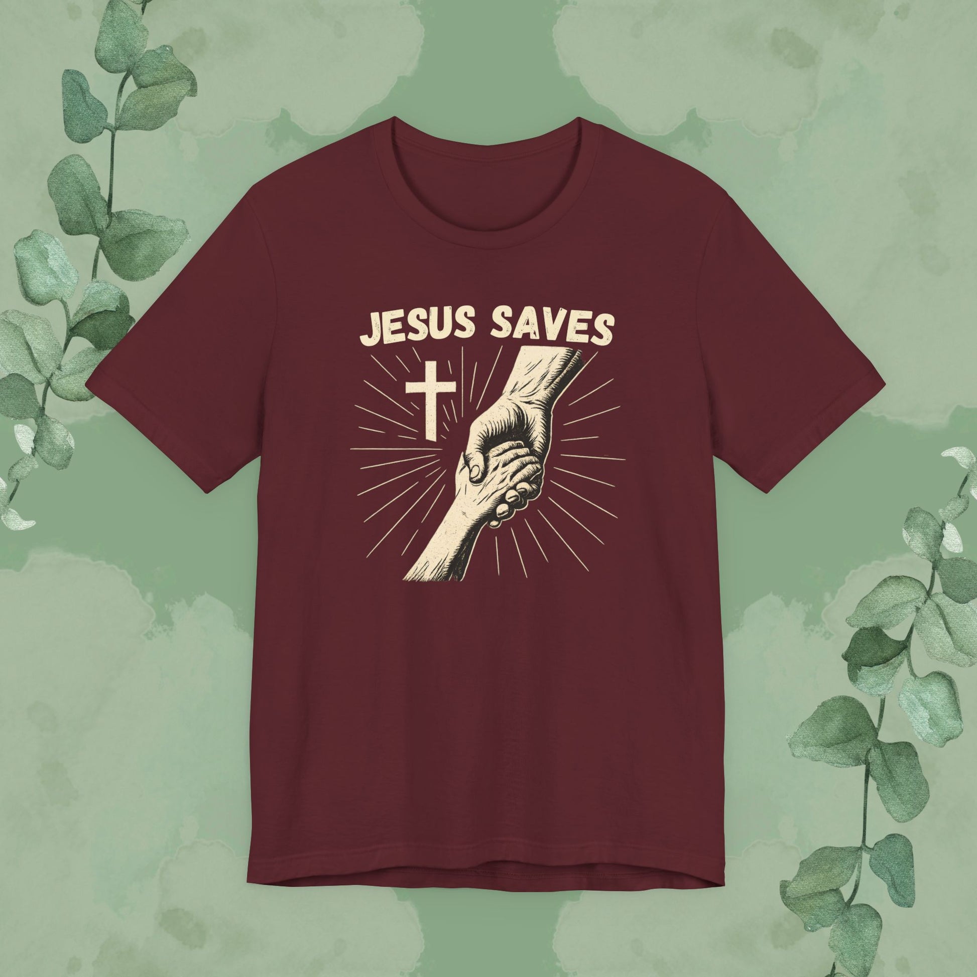 Maroon Christian T-shirt with “Jesus Saves” hand of salvation design