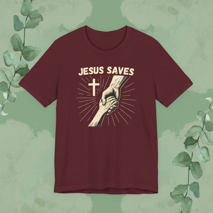 Maroon Christian T-shirt with “Jesus Saves” hand of salvation design