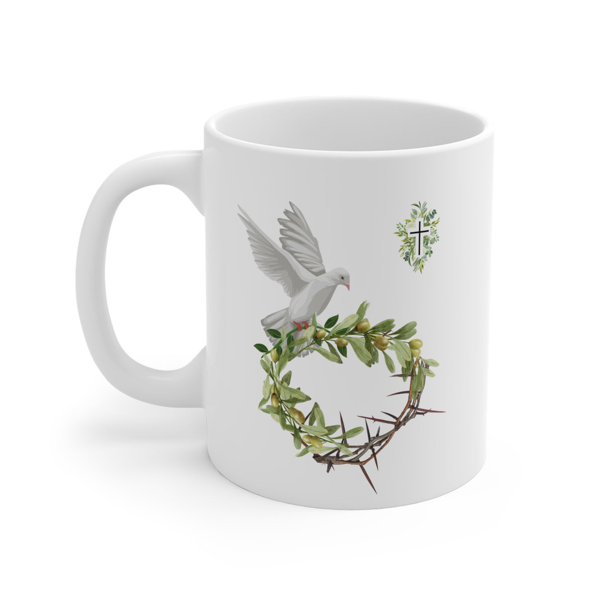 Peace & Redemption Christian Mug – Dove, Olive Branch, and Crown of Thorns Design