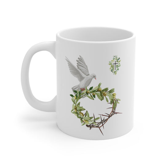 Peace & Redemption Christian Mug – Dove, Olive Branch, and Crown of Thorns Design