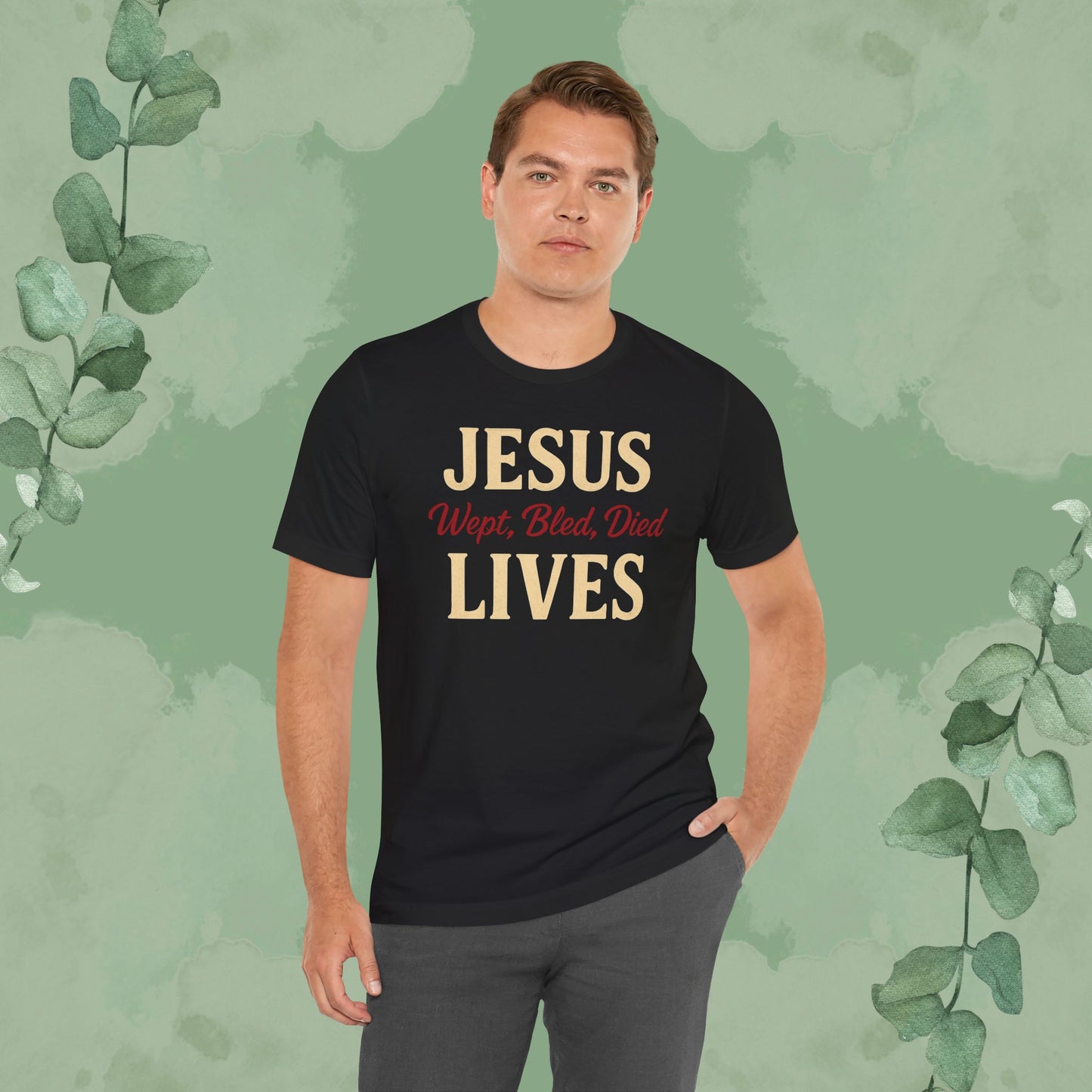 Jesus Wept, Bled, Died, Lives Christian T-Shirt