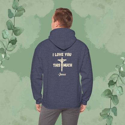 Heather Navy Christian hoodie with “I Love You This Much ~ Jesus” faith design