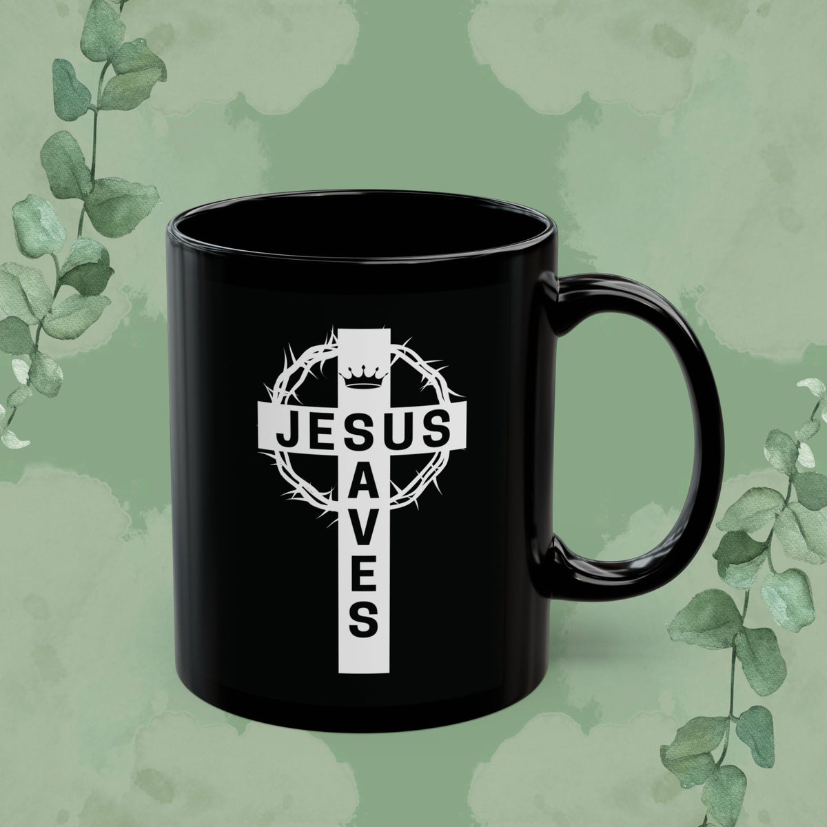 "Jesus Saves" Cross Design Black Mug