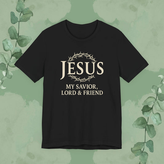 Black Christian T-shirt with “Jesus – My Savior, Lord & Friend” design