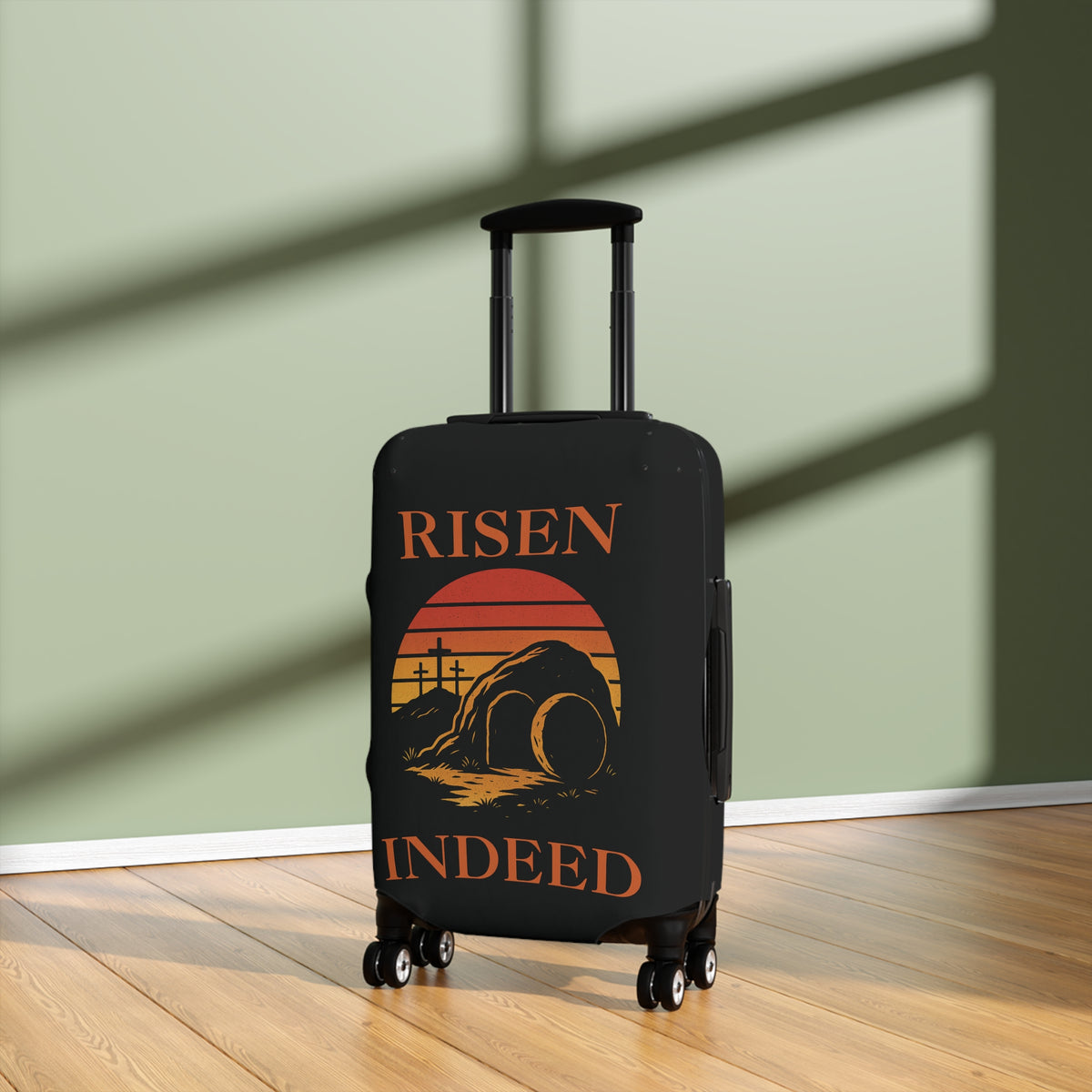 Black Christian luggage cover with “Risen Indeed” resurrection design