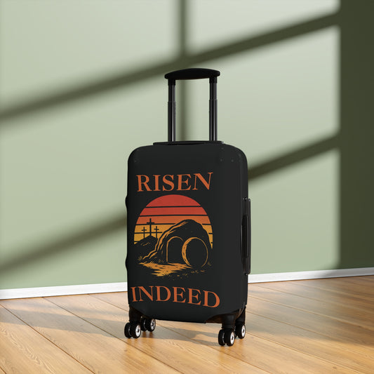 Black Christian luggage cover with “Risen Indeed” resurrection design
