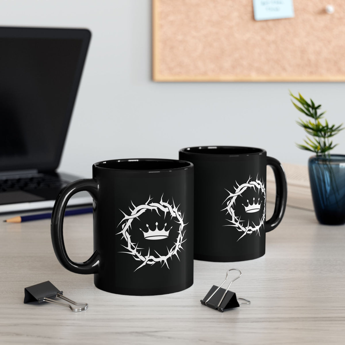 Black Christian mug with “Jesus Is King” crown of thorns design