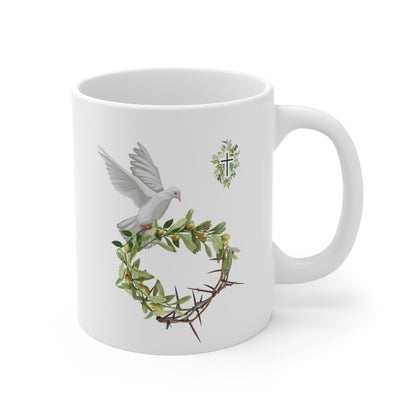 Peace & Redemption Christian Mug – Dove, Olive Branch, and Crown of Thorns Design