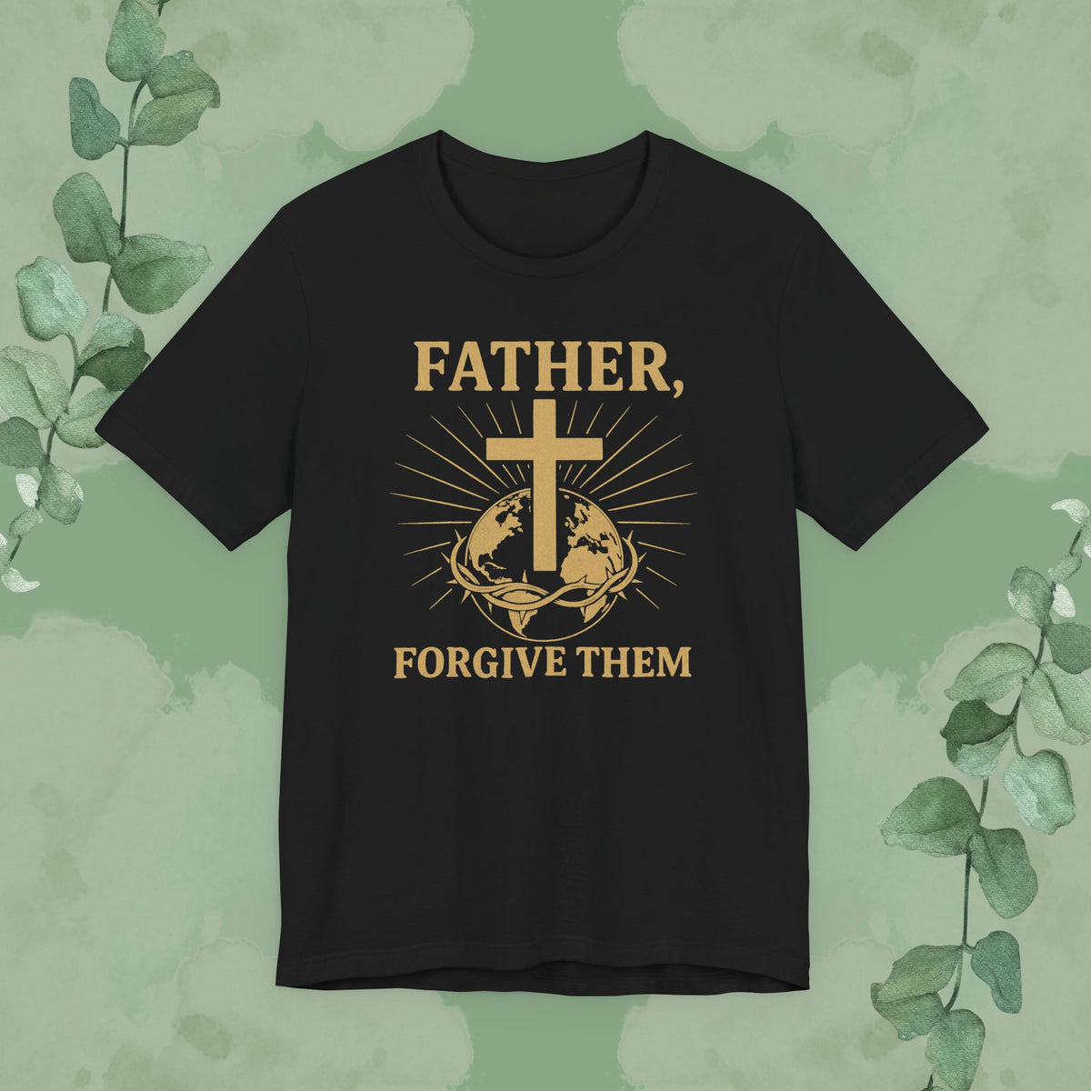 Black Christian T-shirt with “Father, Forgive Them” faith design