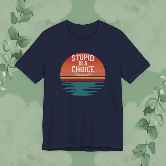 Navy Christian T-shirt with “Stupid Is a Choice” Proverbs 12:1 design