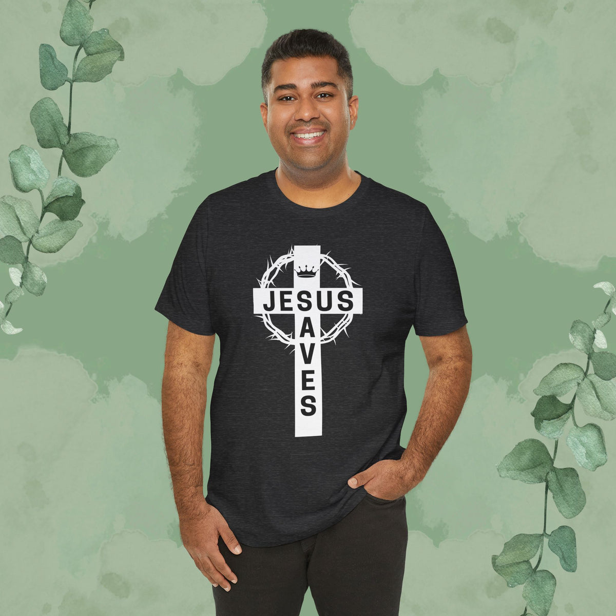 “Jesus Saves” Cross & Crown T-Shirt – Christian Message of Sacrifice and Victory