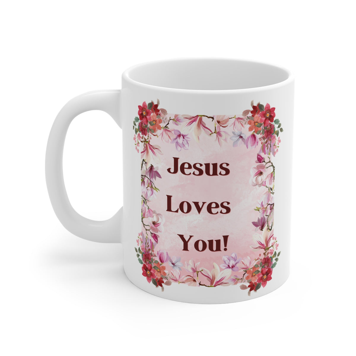 “Jesus Loves You!” Floral Christian Mug – Faith-Based Gift with Pink Blossoms