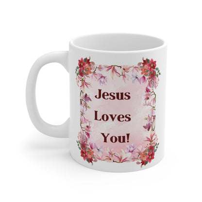 “Jesus Loves You!” Floral Christian Mug – Faith-Based Gift with Pink Blossoms