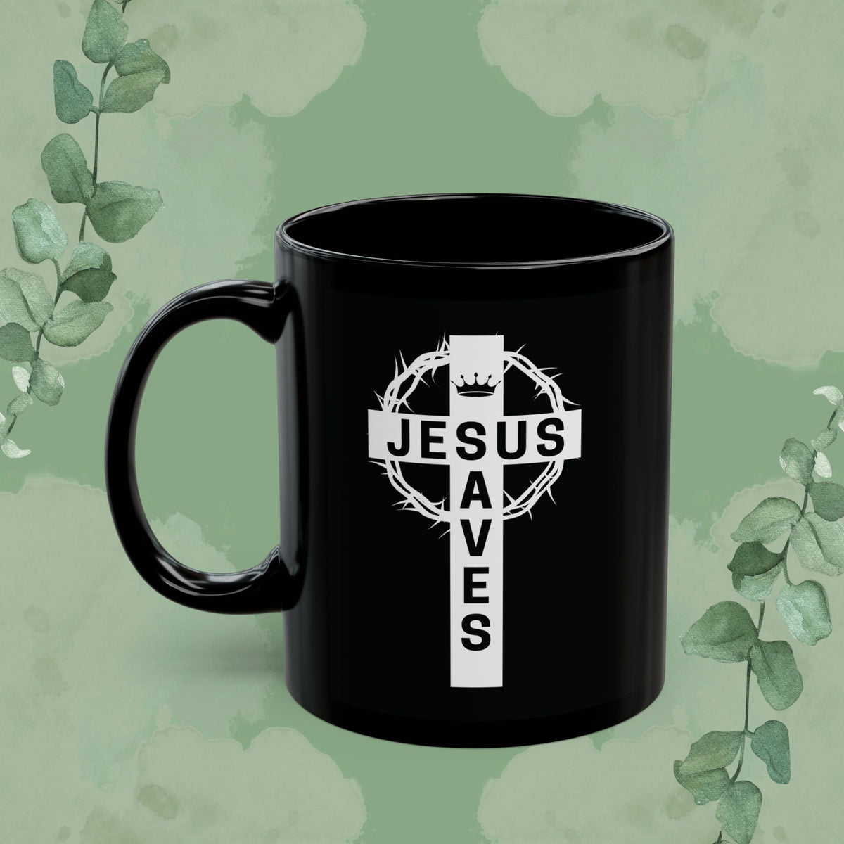 "Jesus Saves" Cross Design Black Mug