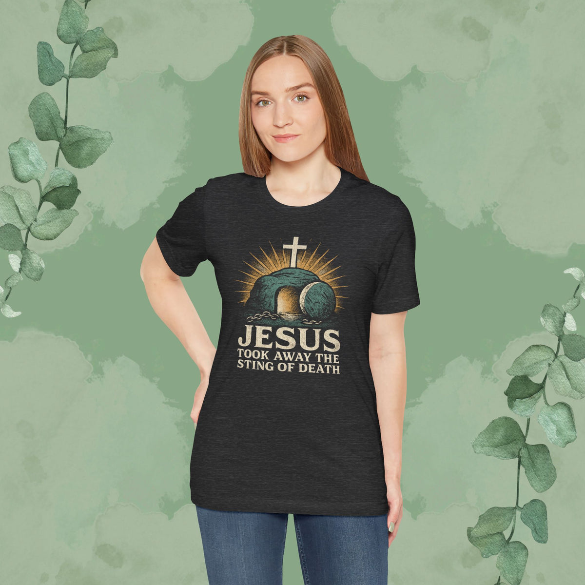 Jesus Took Away the Sting of Death Christian T-Shirt | Cross & Empty Tomb Tee