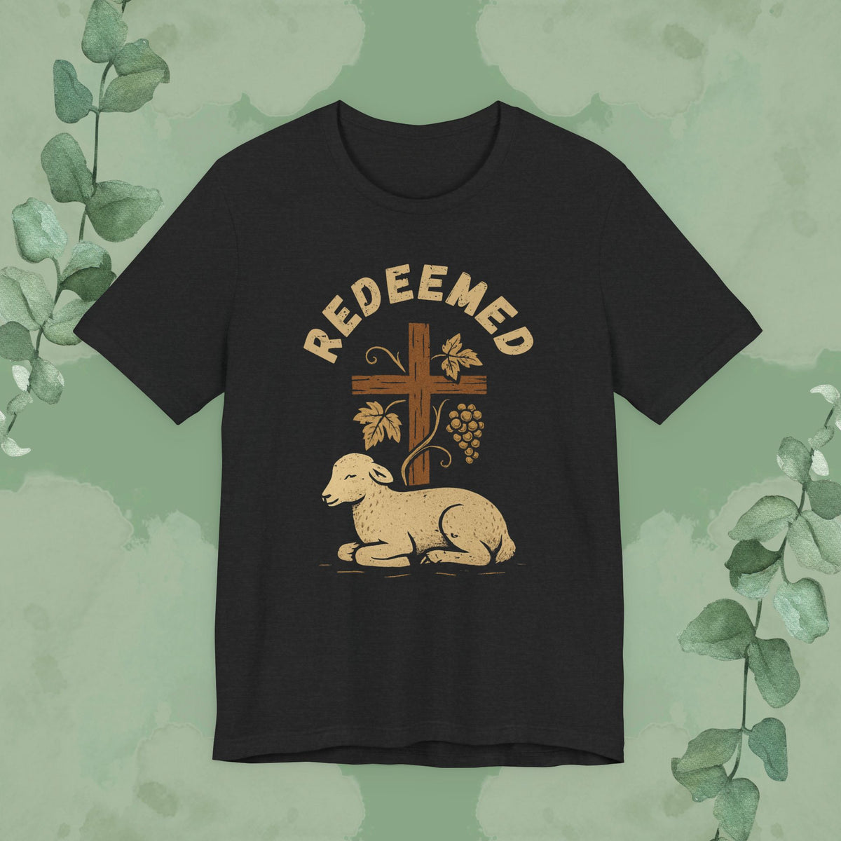 Christian T-shirt with “Redeemed” lamb and cross vintage faith design
