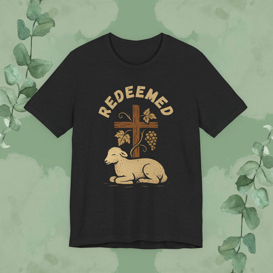 Christian T-shirt with “Redeemed” lamb and cross vintage faith design
