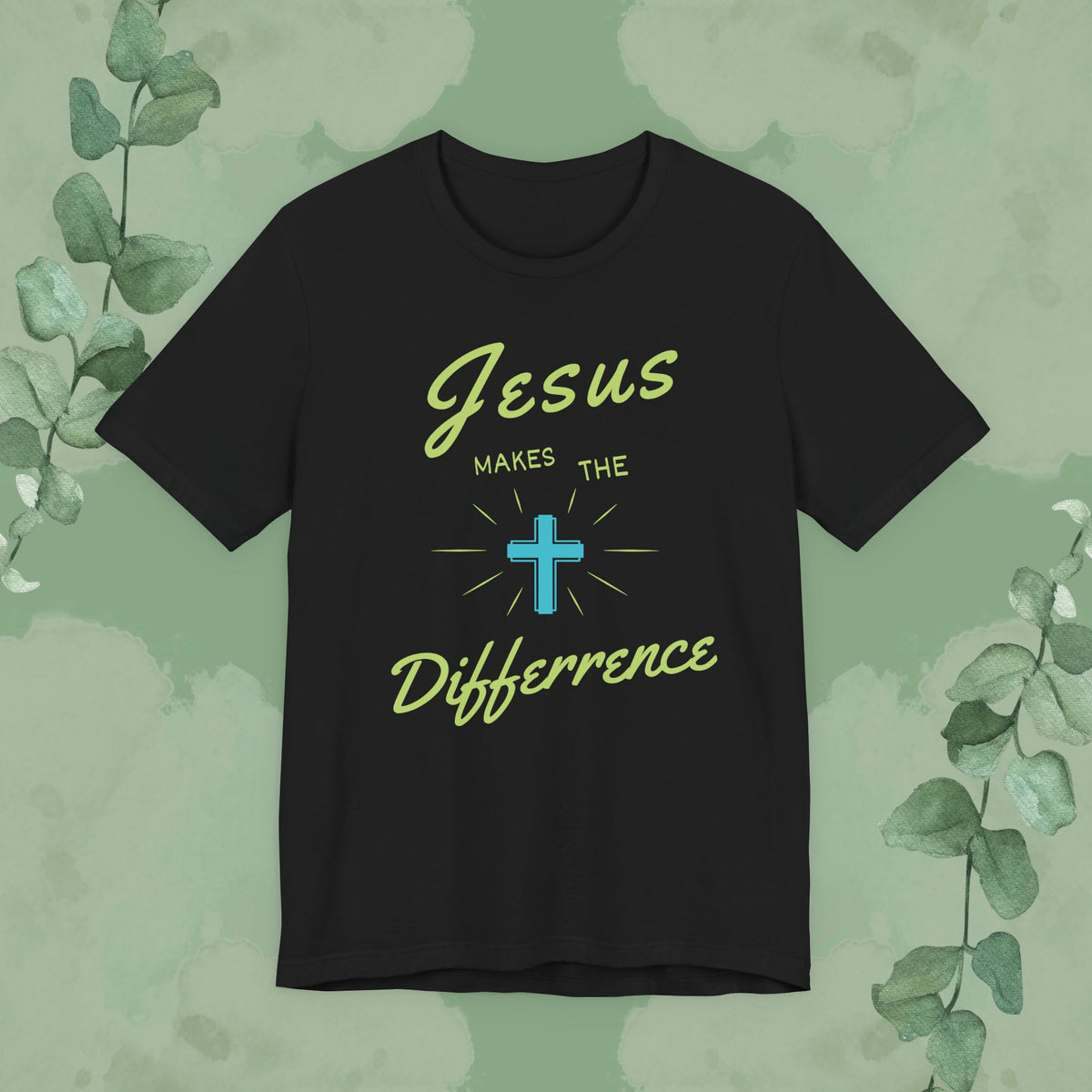 Black Christian T-shirt with “Jesus Makes The Difference” faith design