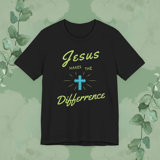 Black Christian T-shirt with “Jesus Makes The Difference” faith design