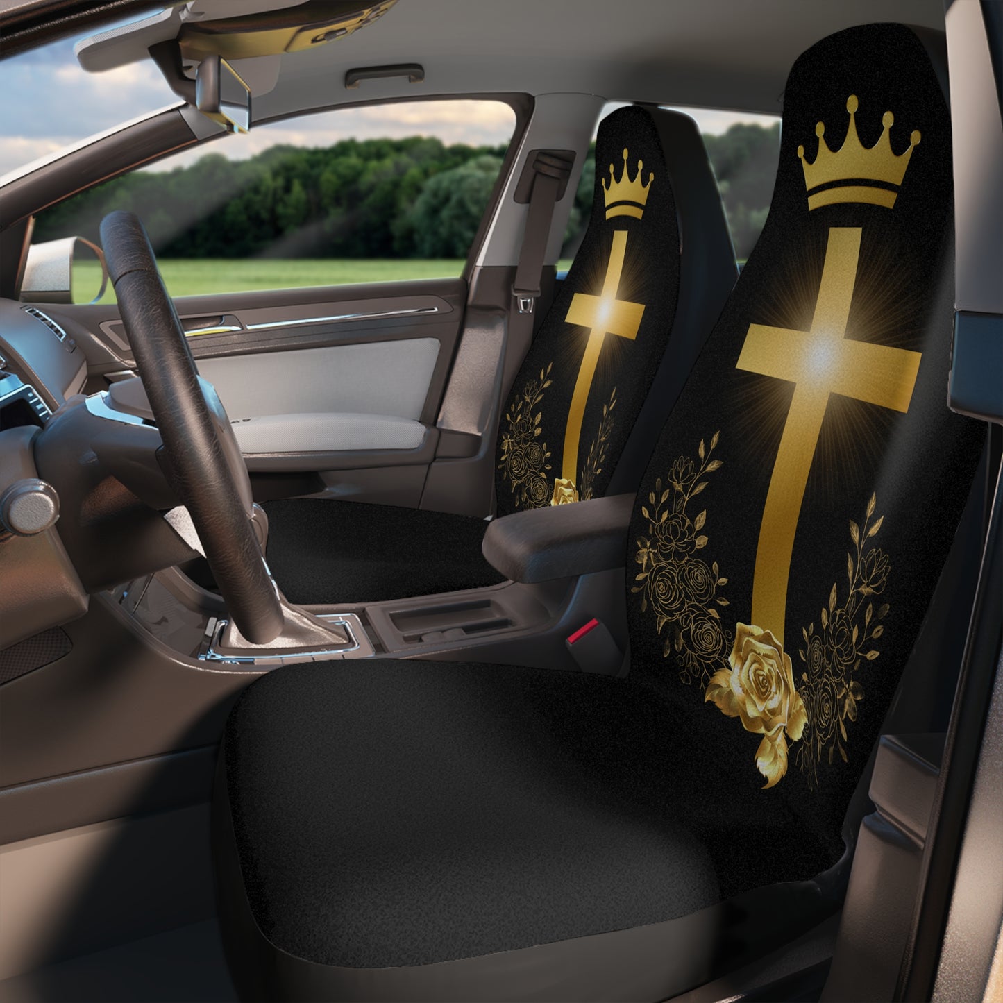 Black Christian car seat covers with golden cross and crown faith and royalty design