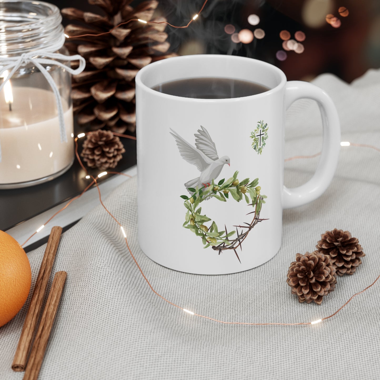 Christian mug with peace and redemption dove, olive branch and faith design