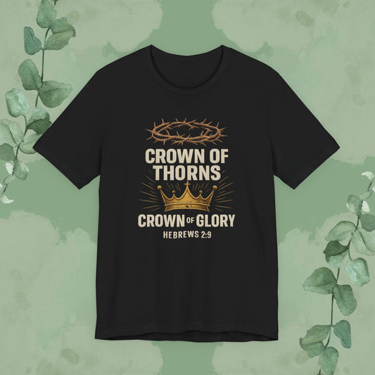 Christian T-shirt with crown of thorns and crown of glory Hebrews 2:9 design