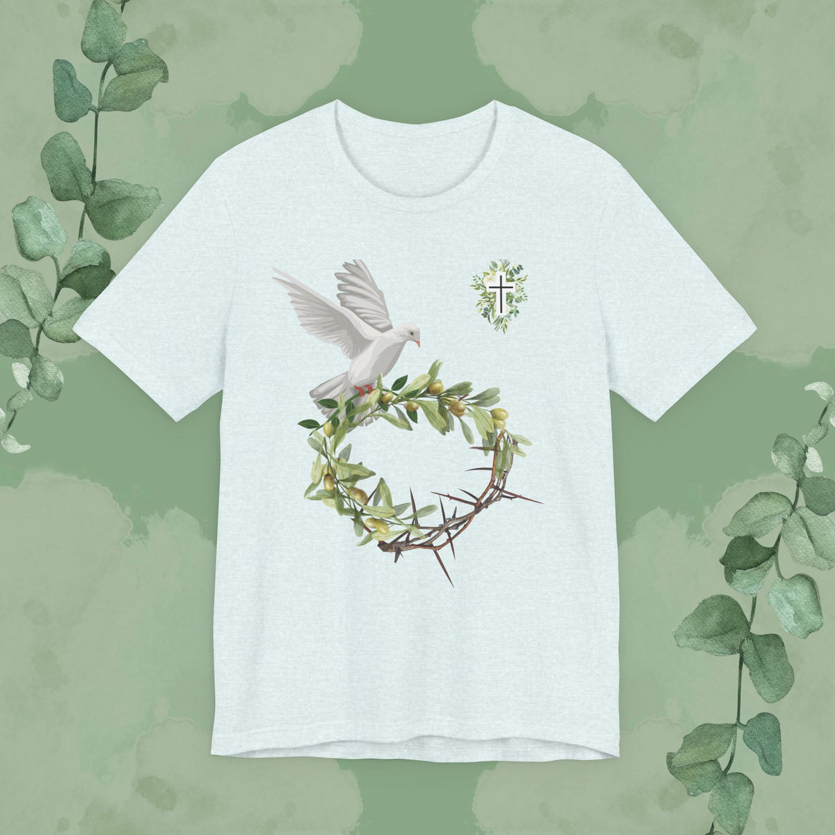 Ice Blue Christian T-shirt with peace and redemption dove, crown of thorns and olive branch design