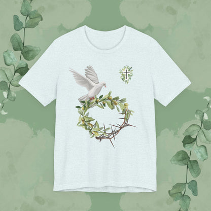Ice Blue Christian T-shirt with peace and redemption dove, crown of thorns and olive branch design