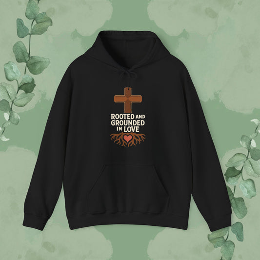 Black Christian hoodie with “Rooted and Grounded in Love” faith design