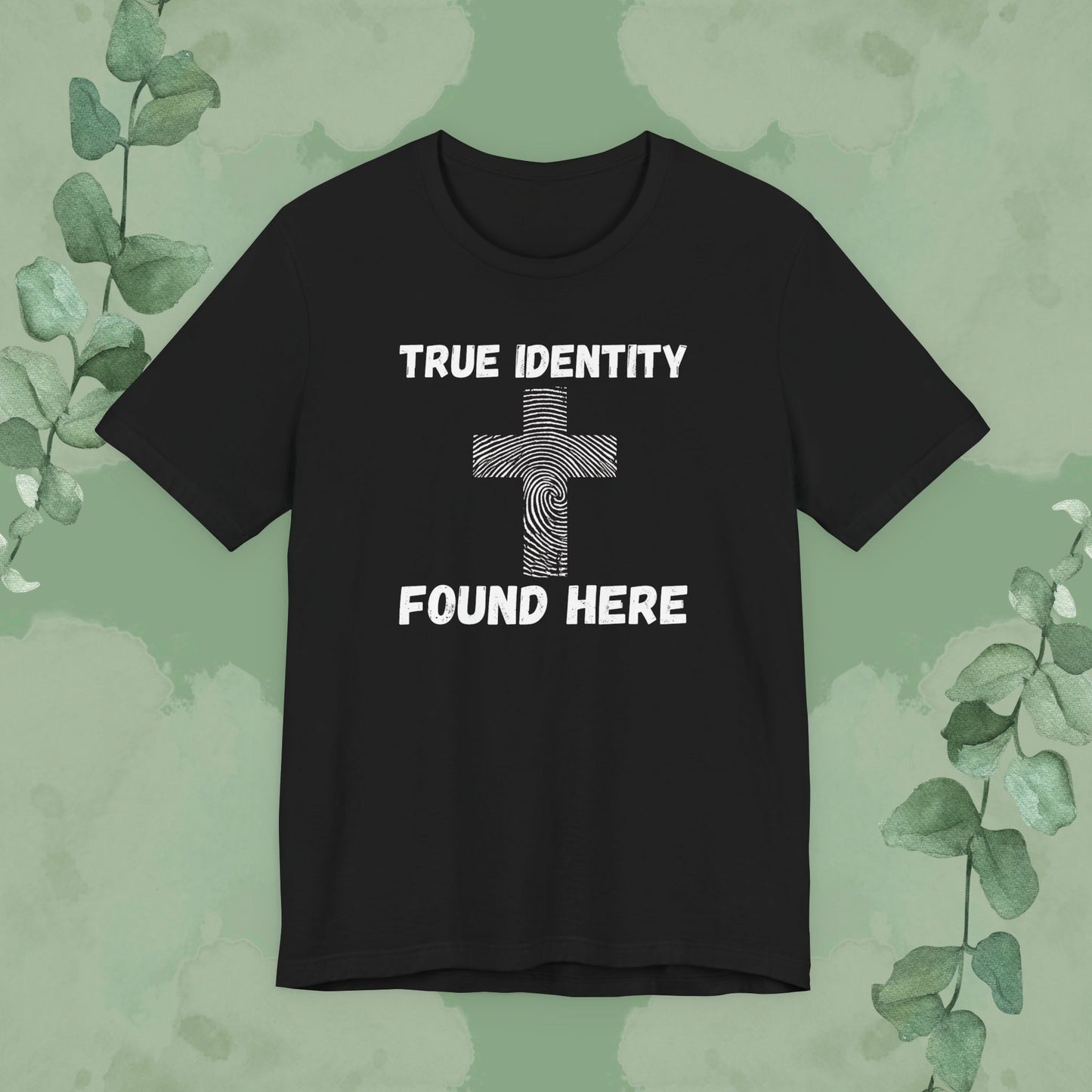 Black Christian T-shirt with “True Identity Found Here” fingerprint cross design