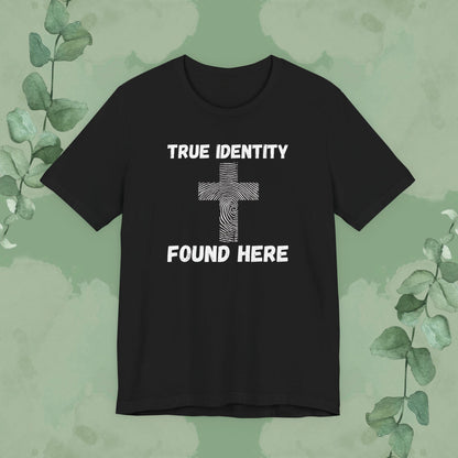 Black Christian T-shirt with “True Identity Found Here” fingerprint cross design