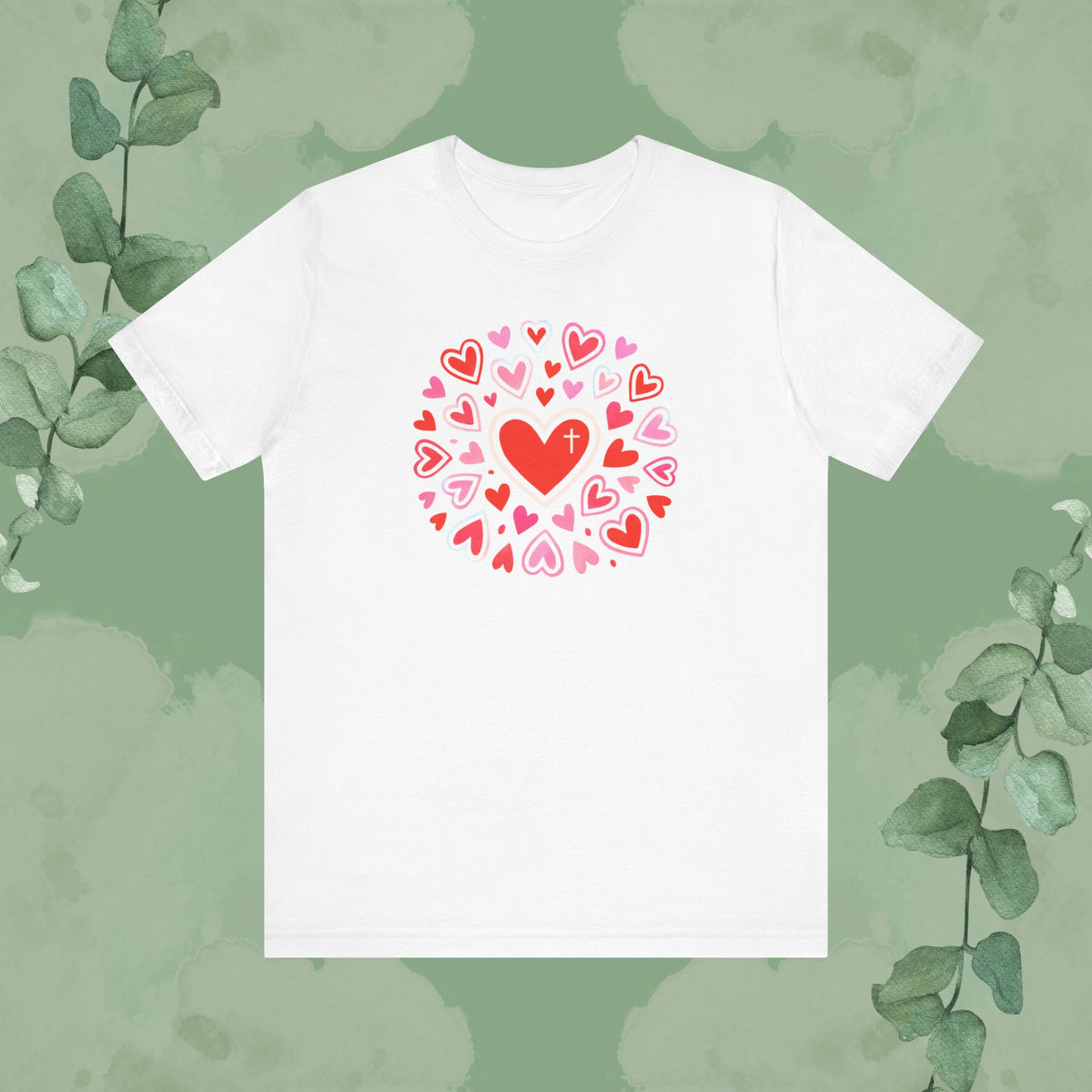 White Christian T-shirt with “Love Flows Out from the Cross” faith and love design