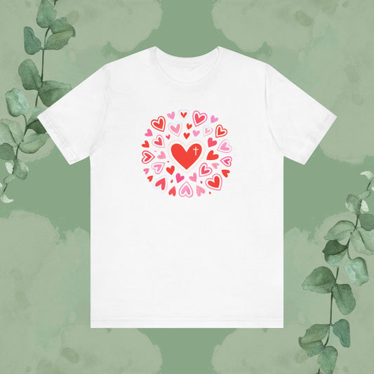 White Christian T-shirt with “Love Flows Out from the Cross” faith and love design