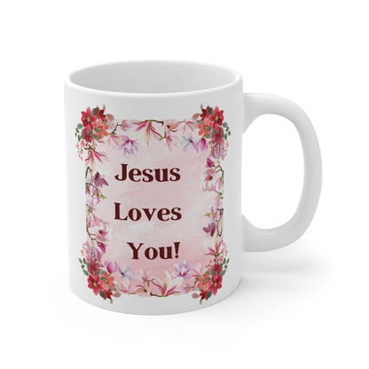 “Jesus Loves You!” Floral Christian Mug – Faith-Based Gift with Pink Blossoms