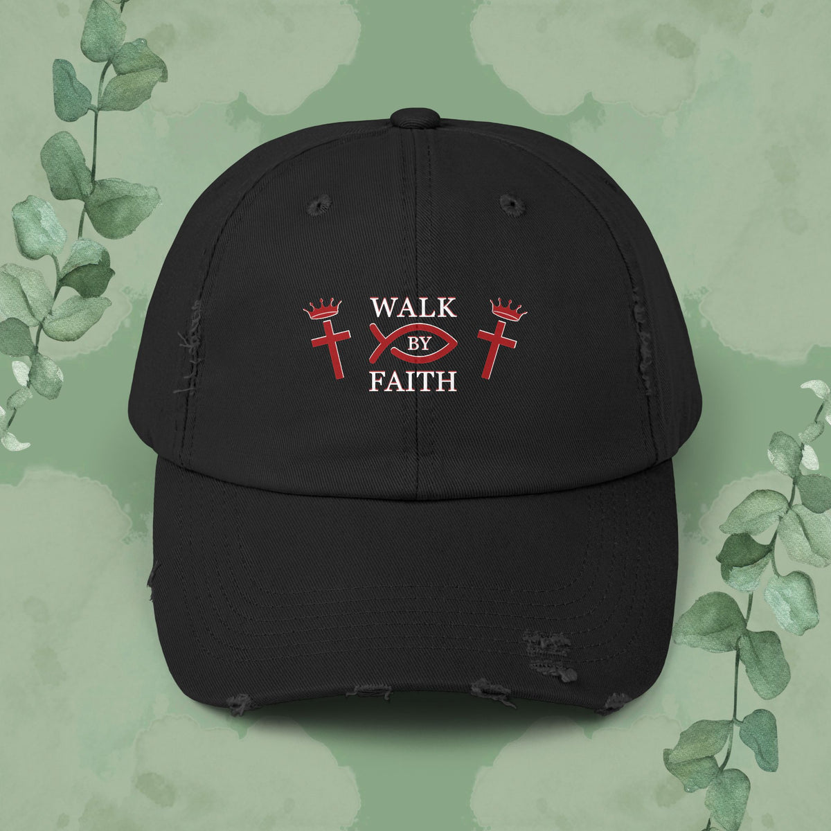 Black Christian cap with distressed “Walk by Faith” cross design