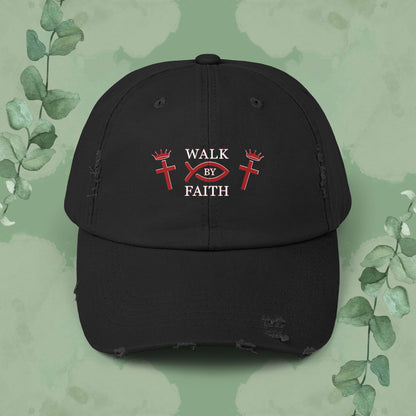 Black Christian cap with distressed “Walk by Faith” cross design