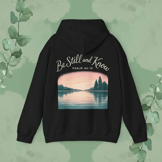 Black hoodie with a scenic design and text on the back against a green leafy background