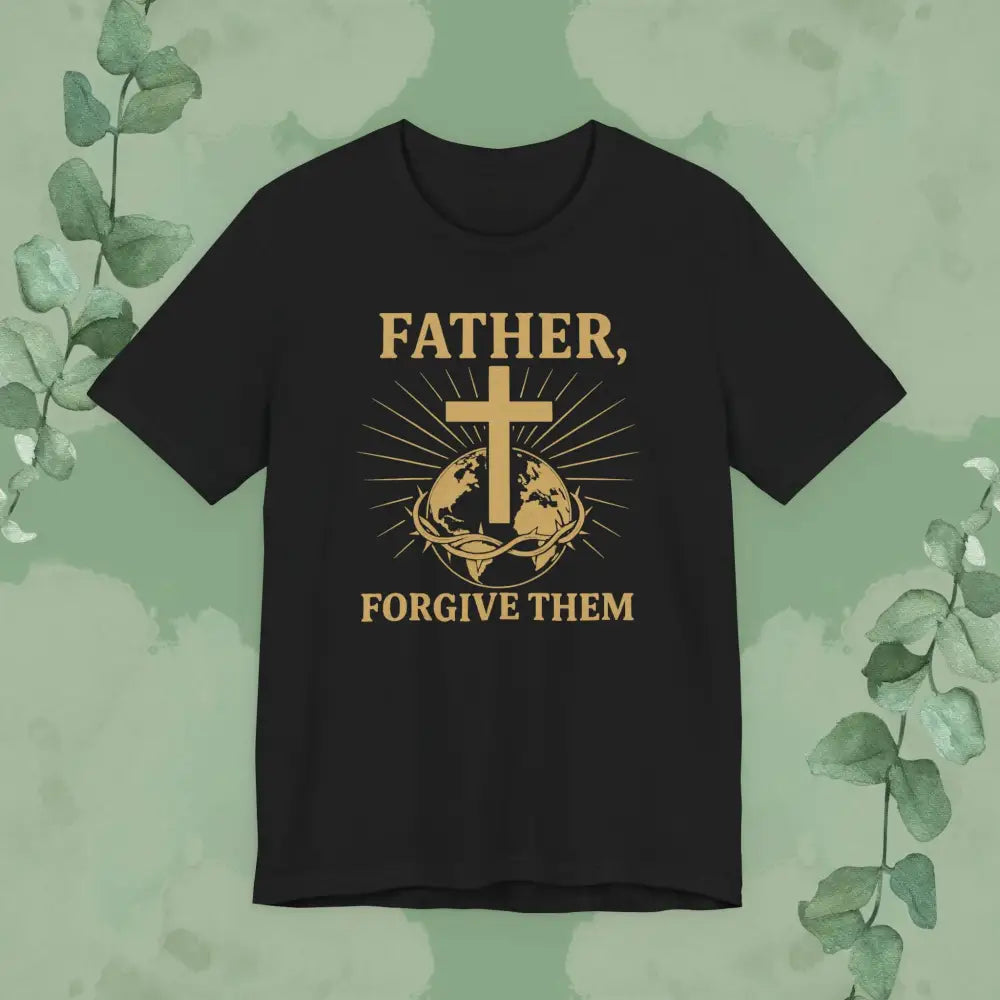 Black t-shirt with gold graphic and text on a green background