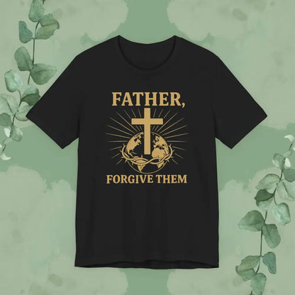 Black t-shirt with gold graphic and text on a green background