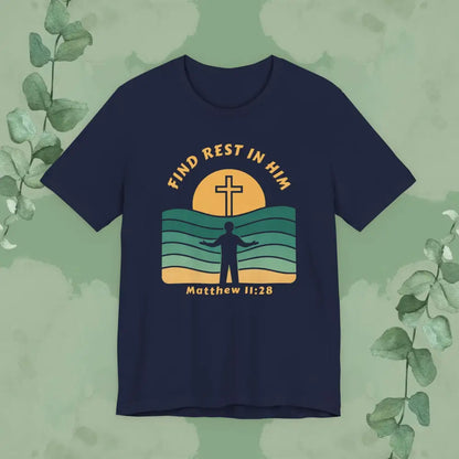 Navy Christian t-shirt with cross over waves design and Matthew 11:28 verse text.