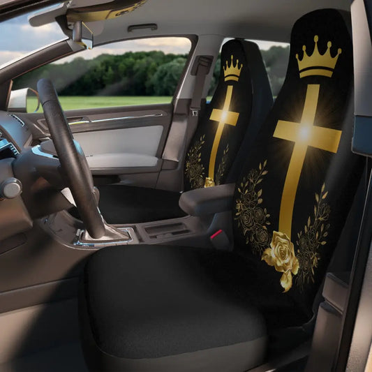 Golden Cross & Crown Car Seat Covers – Faith & Royalty Design (Set of 2) - 48.03’’ × 18.50’’ / Black - All Over Prints