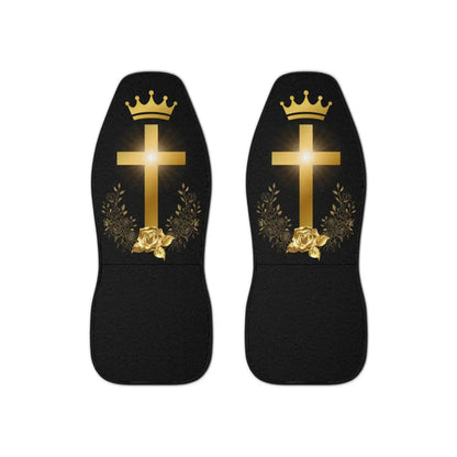 Golden Cross & Crown Car Seat Covers – Faith & Royalty Design (Set of 2) - 48.03’’ × 18.50’’ / Black - All Over Prints