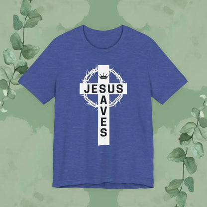 “Jesus Saves” Cross & Crown T-Shirt – Christian Message of Sacrifice and Victory - Heather True Royal / XS - T-Shirt