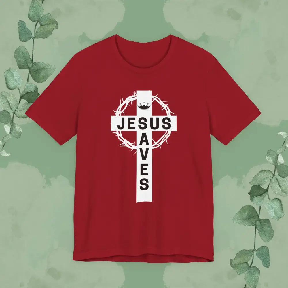 “Jesus Saves” Cross & Crown T-Shirt – Christian Message of Sacrifice and Victory - Canvas Red / XS - T-Shirt