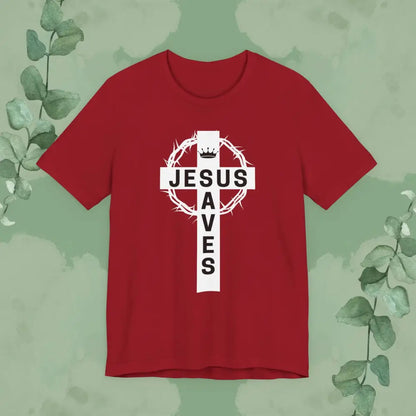 “Jesus Saves” Cross & Crown T-Shirt – Christian Message of Sacrifice and Victory - Canvas Red / XS - T-Shirt