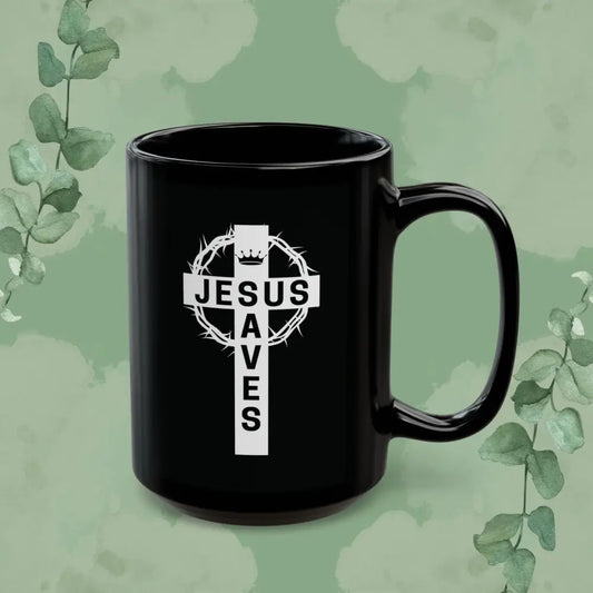 ’Jesus Saves’ Cross Design Black Mug - 15oz - Mug