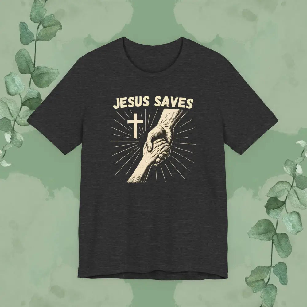 Jesus Saves – Hand of Salvation Christian T Shirt Dark Grey Heather / S T Shirt