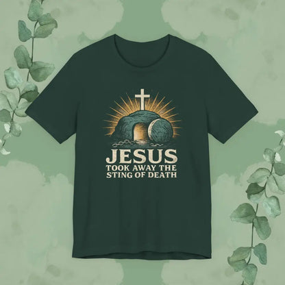 Jesus Took Away the Sting of Death Christian T-Shirt | Cross & Empty Tomb Tee - Forest / S - T-Shirt