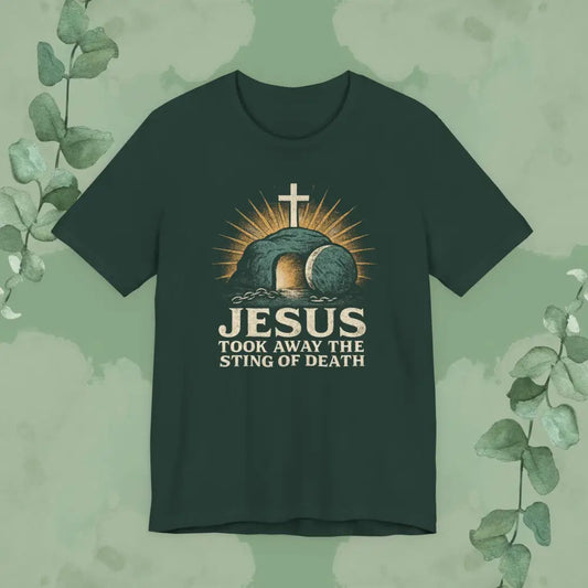Jesus Took Away the Sting of Death Christian T-Shirt | Cross & Empty Tomb Tee - Forest / S - T-Shirt